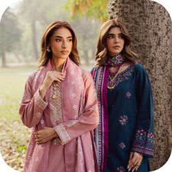 BATIK khaddar outfit styled for everyday wear, showcasing breathable fabric and comfortable winter layering.  ALT: Model wearing BATIK khaddar styled for office and casual settings, highlighting versatility and modern design.  ALT: Close up of BATIK khadd