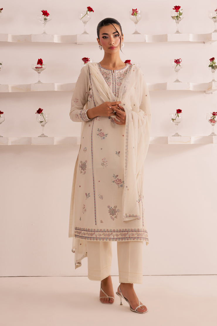 Off White Flower 3Pc - Embroidered Casual Pret