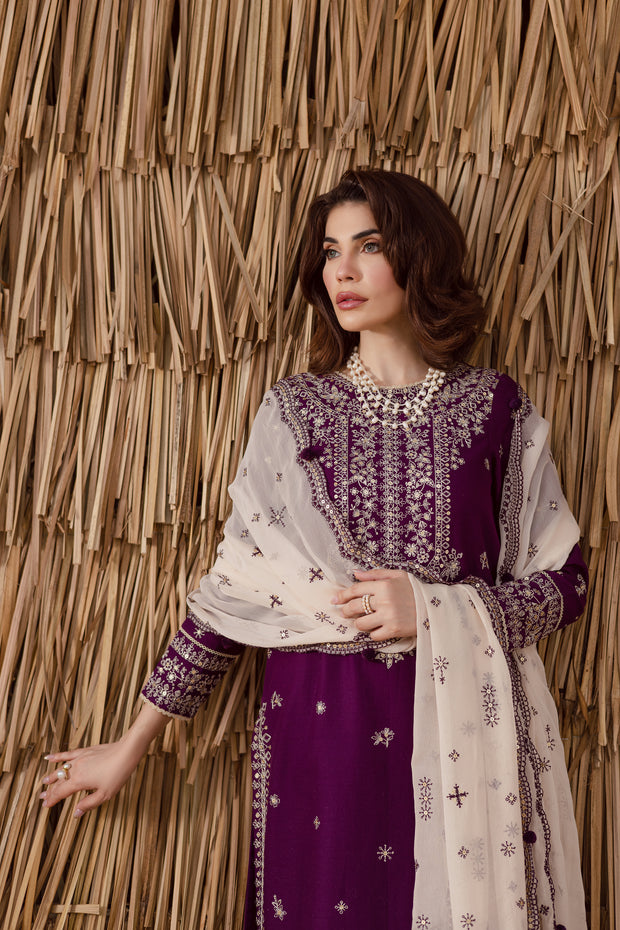 Elegant purple embroidered khaddar Pakistani suit for party and festive gatherings South Asian ethnic outfit UK
