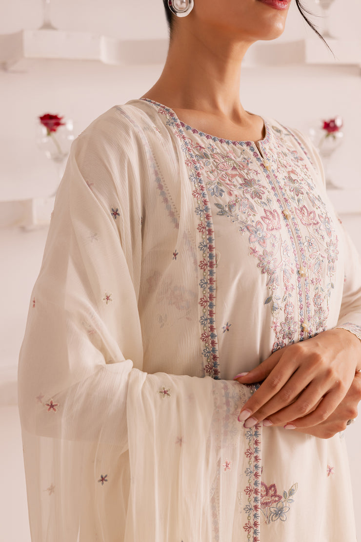 Off White Flower 3Pc - Embroidered Casual Pret