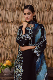 Black khaddar shirt with full embroidery and collage neckline South Asian ready to wear festive outfit for women UK blue dupatta