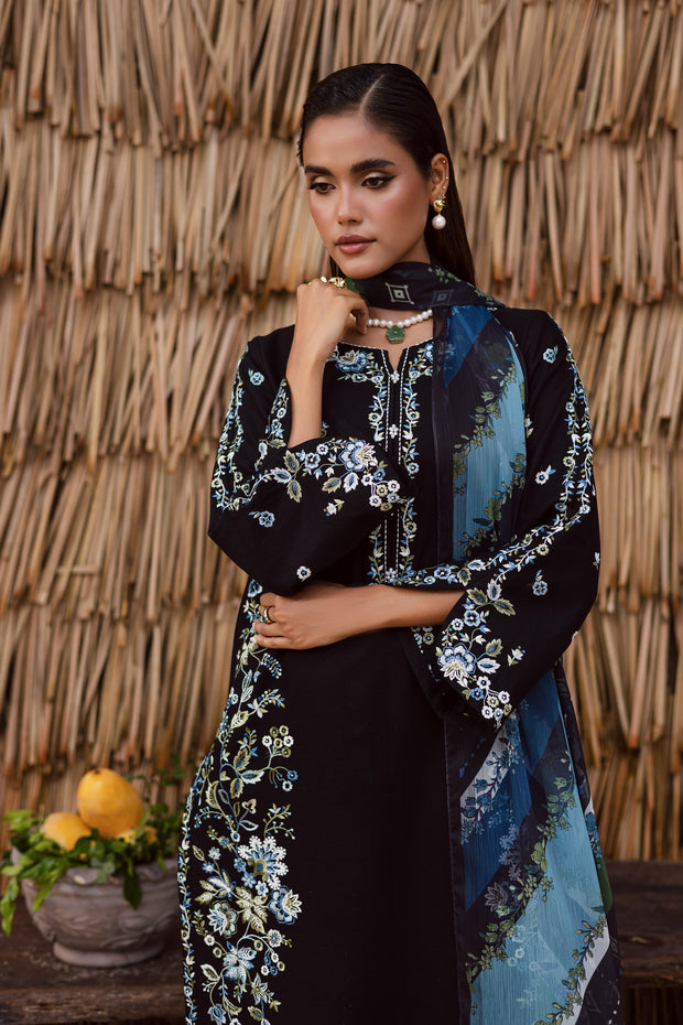 Black khaddar shirt with full embroidery and collage neckline South Asian ready to wear festive outfit for women UK blue dupatta