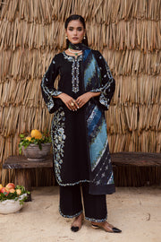 Printed blue crinkle chiffon dupatta with embroidered black shirt modern Pakistani ethnic wear for party UK
