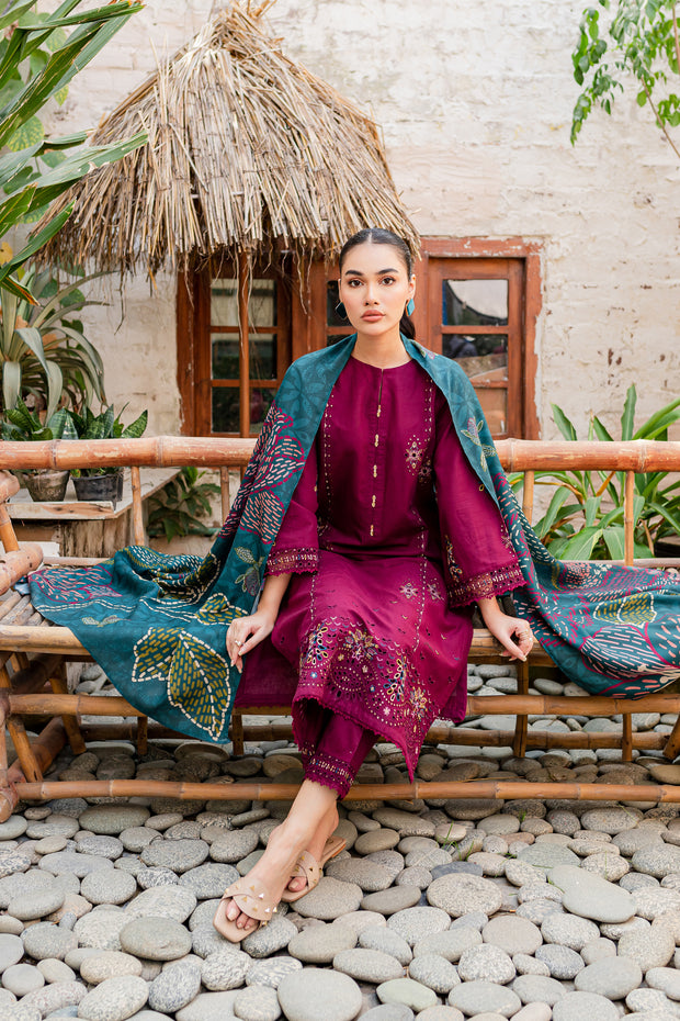 Bordeaux 3Pc - Embroidered Khaddar Dress