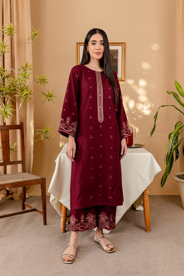 Rust 2Pc - Embroidered Karandi Dress