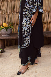 Elegant black embroidered khaddar three piece Pakistani suit with contrast printed dupatta perfect for party or festive events UK