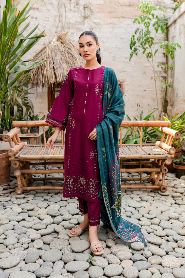Bordeaux 3Pc - Embroidered Khaddar Dress