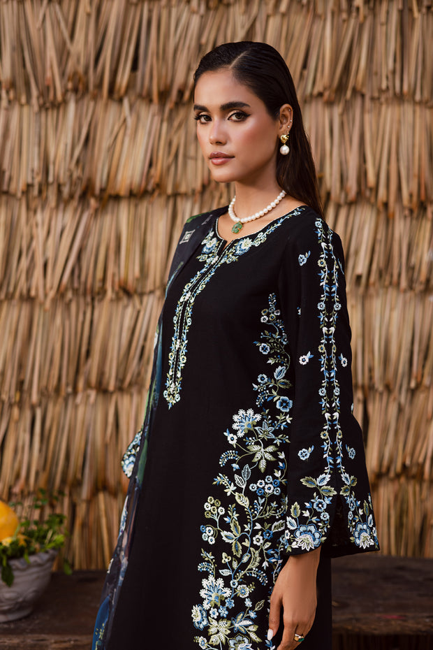 Affordable black embroidered Pakistani three piece khaddar suit winter festive wear South Asian ethnic outfit UK