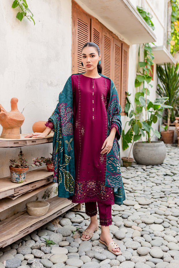Bordeaux 3Pc - Embroidered Khaddar Dress