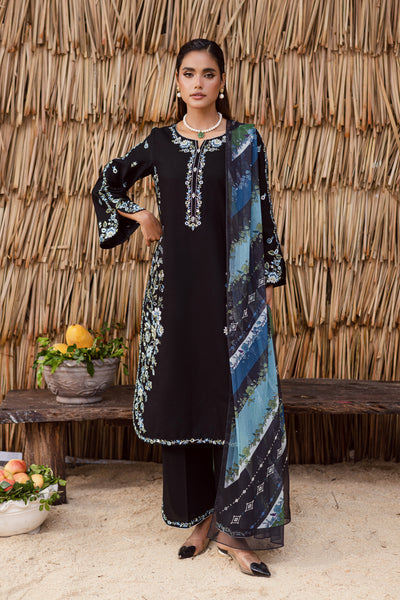 Black embroidered khaddar three piece Pakistani suit with blue printed dupatta elegant ethnic outfit UK affordable and fast delivery