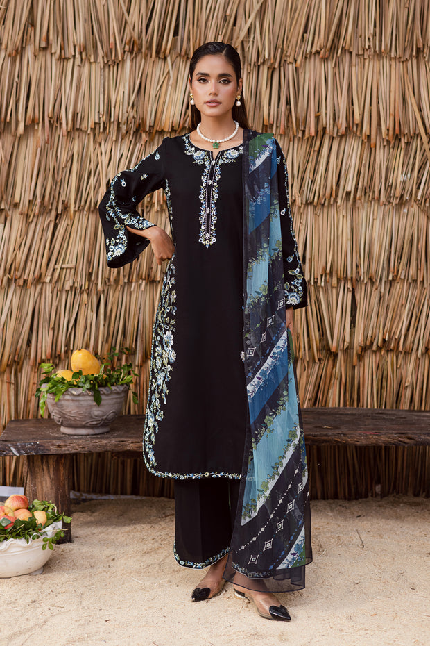 Black embroidered khaddar three piece Pakistani suit with blue printed dupatta elegant ethnic outfit UK affordable and fast delivery