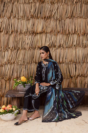 Printed blue crinkle chiffon dupatta with embroidered black shirt modern Pakistani ethnic wear for party UK