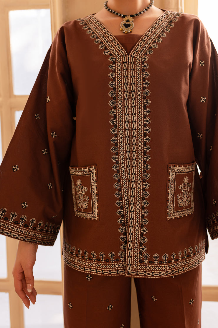 Cognac 3Pc - Embroidered Khaddar Dress