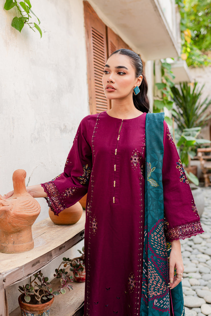Bordeaux 3Pc - Embroidered Khaddar Dress