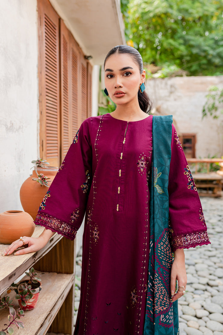 Bordeaux 3Pc - Embroidered Khaddar Dress