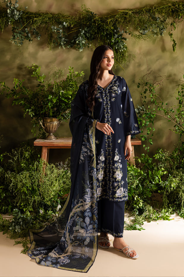 Denim 3Pc - Embroidered Lawn Dress