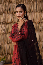 Black chiffon dupatta with paisley embroidery and lace trim - contrast dupatta for rust khaddar embroidered 3pc dress