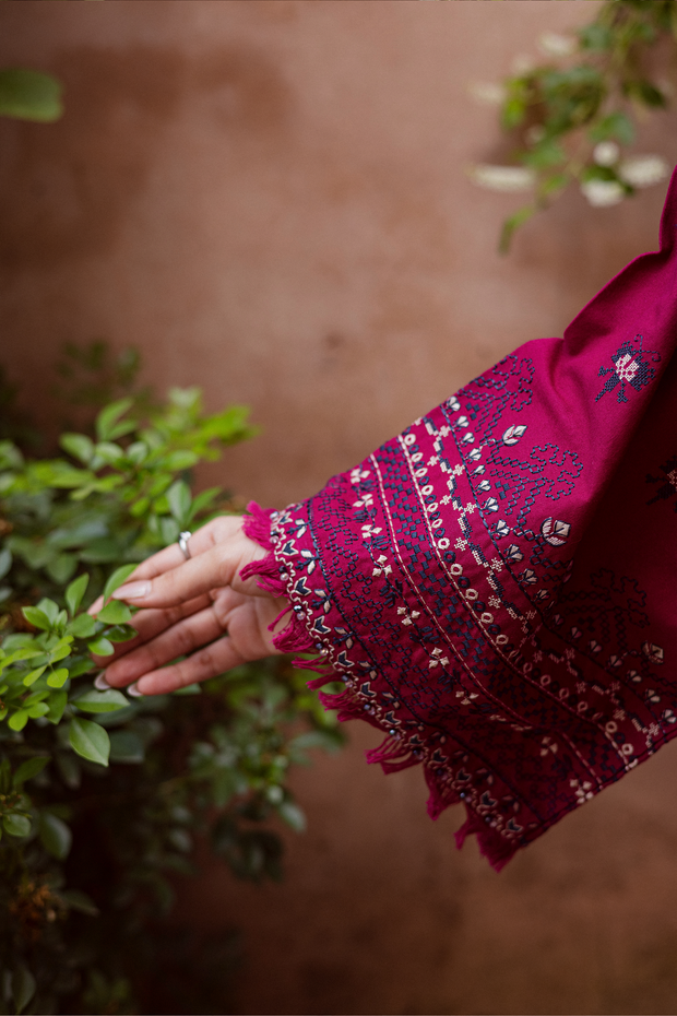 Elegant pink khaddar outfit combining soft texture, embroidery, and modern design. Affordable ethnic Pakistani South Asian.