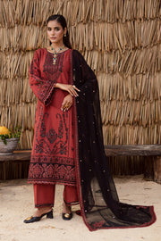 Rust embroidered khaddar 3-piece Pakistani suit with sequin detailing, geometric neckline, and paisley motifs - winter ready-to-wear outfit for women in the UK.