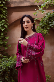 Deep pink khaddar shirt by Batik detailed with intricate cross stitch embroidery and thread tassels. Affordable ethnic Pakistani South Asian.