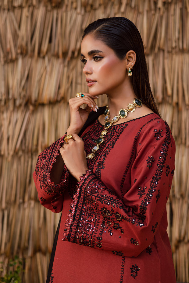 Rust khaddar culottes with embroidered border  elegant Pakistani ready-to-wear trousers UK collection
