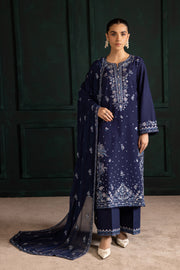 Batik Adoro three piece khaddar set featuring a long blue embroidered shirt with lace finishing and crinkle dupatta. Affordable ethnic Pakistani South Asian