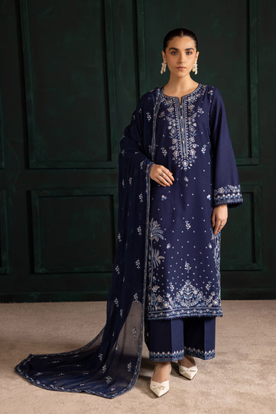 Batik Adoro three piece khaddar set featuring a long blue embroidered shirt with lace finishing and crinkle dupatta. Affordable ethnic Pakistani South Asian