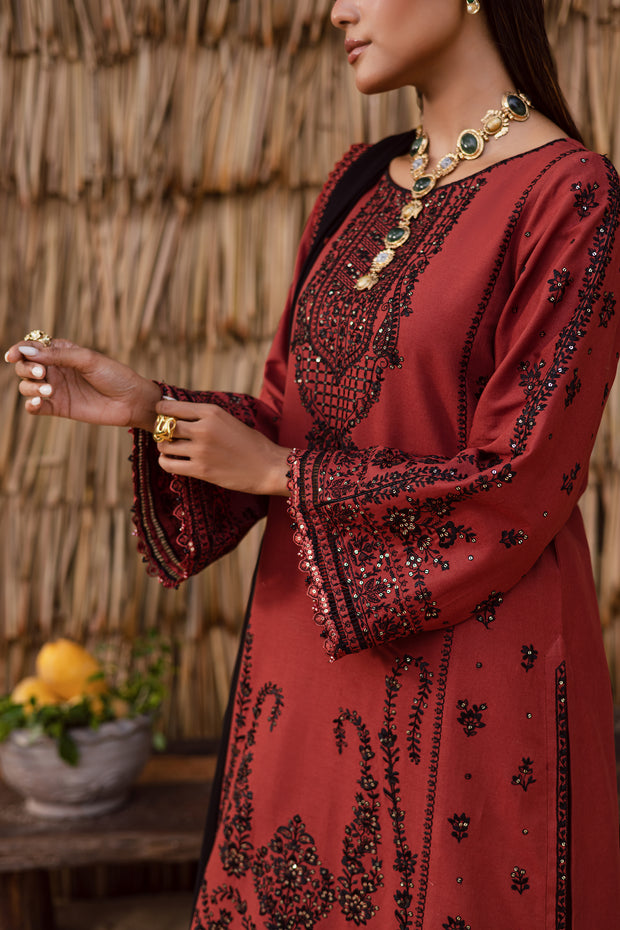 Luxury rust khaddar embroidered Pakistani suit perfect for party and winter festive wear affordable and delivered fast across the UK