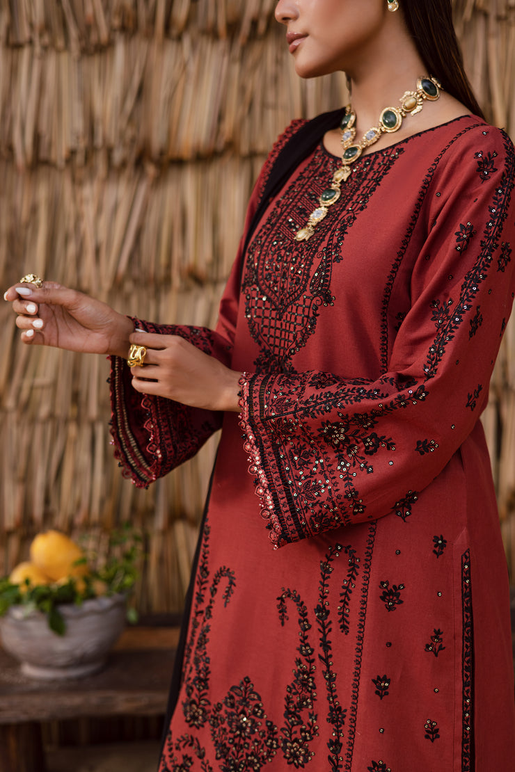 Luxury rust khaddar embroidered Pakistani suit perfect for party and winter festive wear affordable and delivered fast across the UK