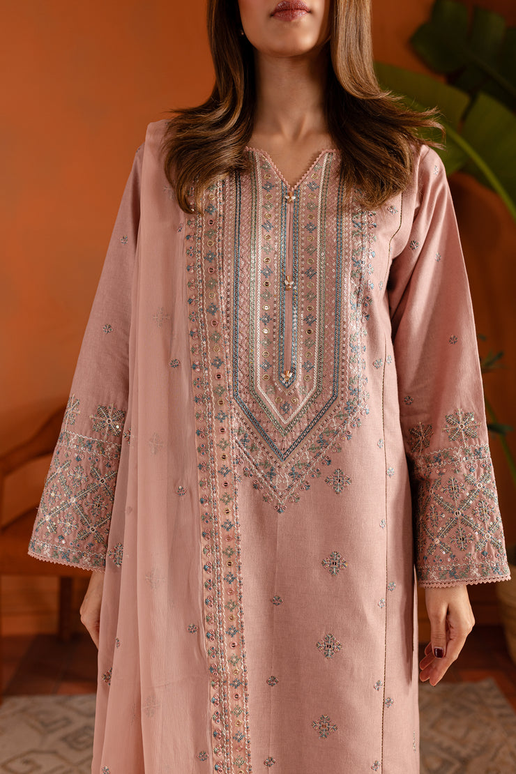 Pink Lotus 3Pc- Embroidered Karandi Dress