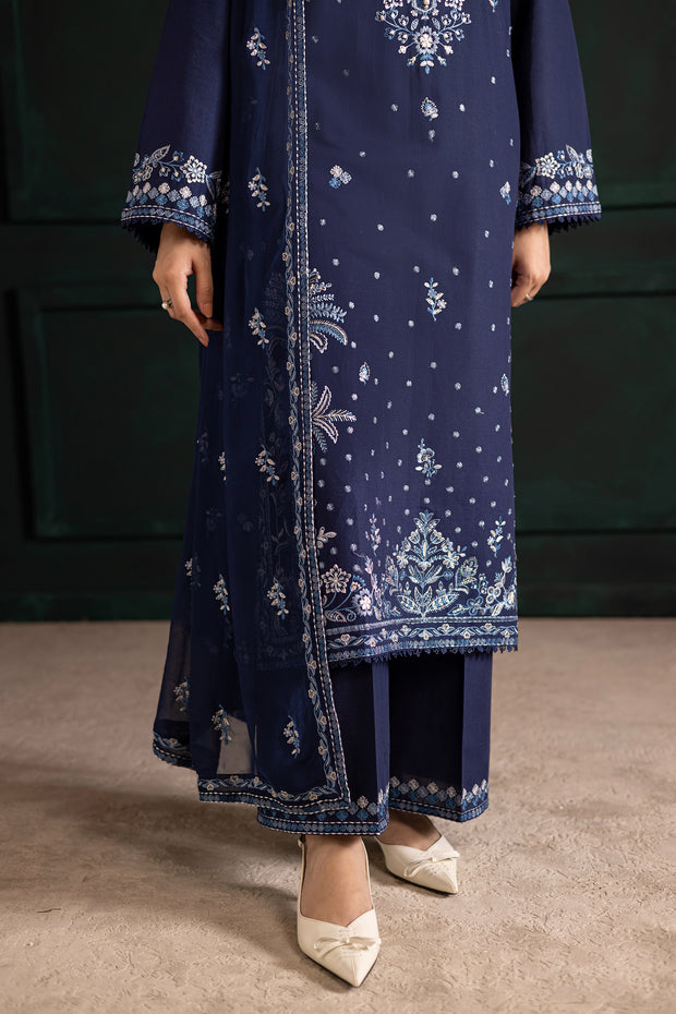 Batik Adoro blue khaddar outfit with intricate embroidery and matching culottes for effortless elegance. Affordable ethnic Pakistani South Asian