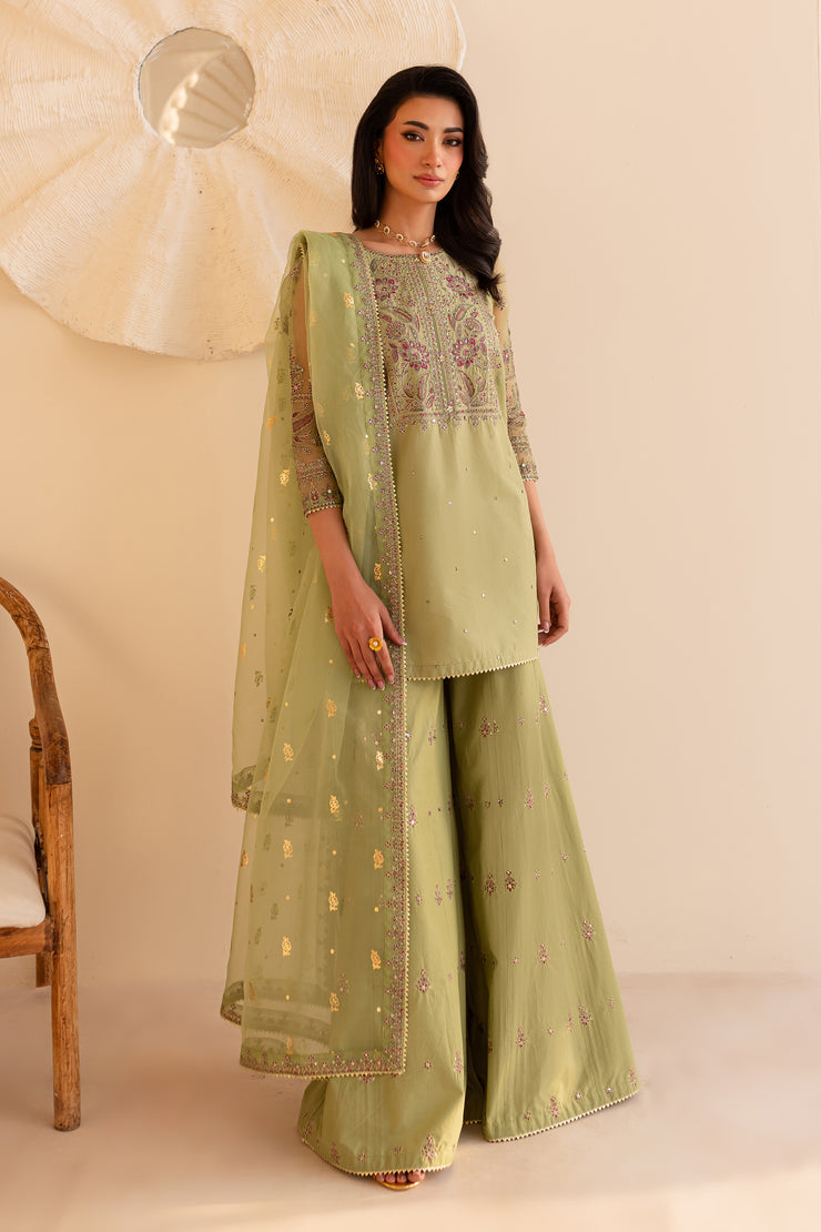 Green Cherry 3Pc - Embroidered Sharara Pret