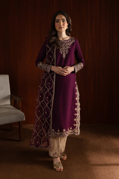 Rose Wine 3Pc - Embroidered Khaddar Dress