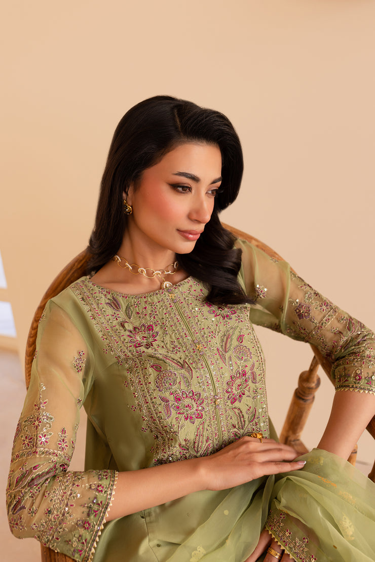 Green Cherry 3Pc - Embroidered Sharara Pret