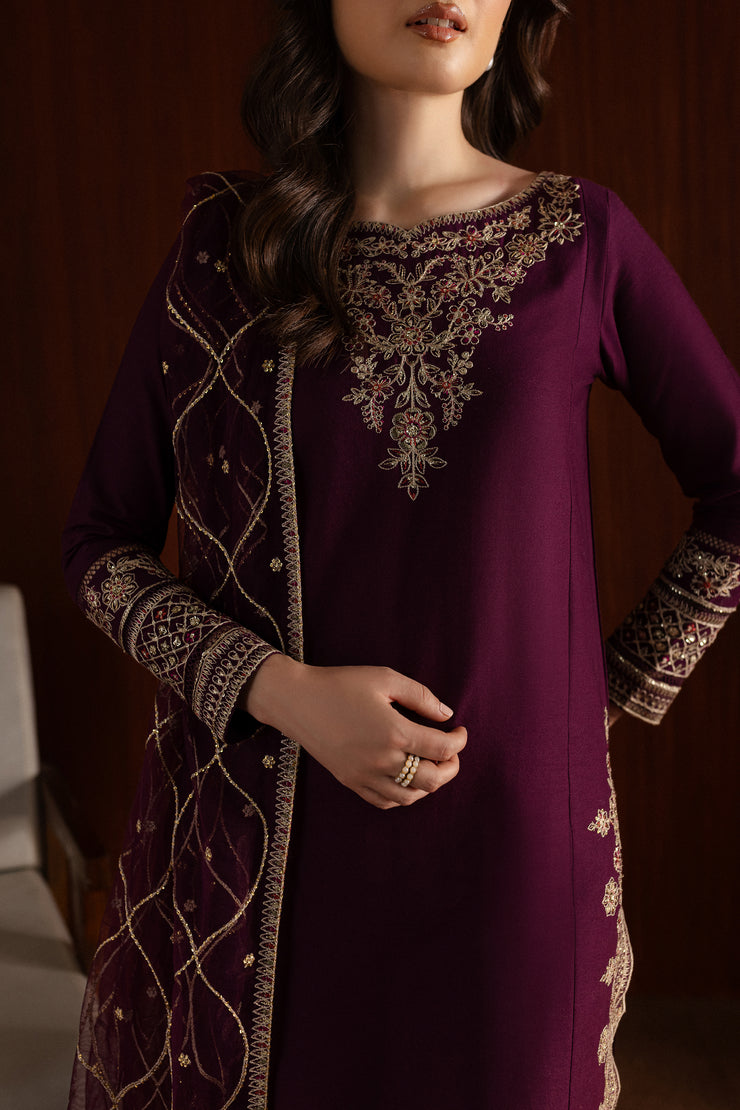 Rose Wine 3Pc - Embroidered Khaddar Dress