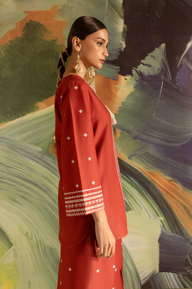 Brick 2Pc - Embroidered Khaddar Dress