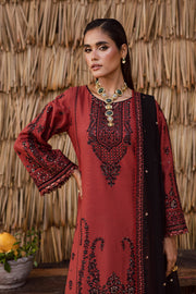 Geometric embroidered neckline with sequins and crystal detailing on rust khaddar fabric - Batik Pakistani khaddar suit UK
