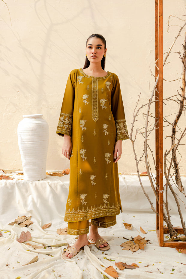 Olive 2Pc - Embroidered Khaddar Dress