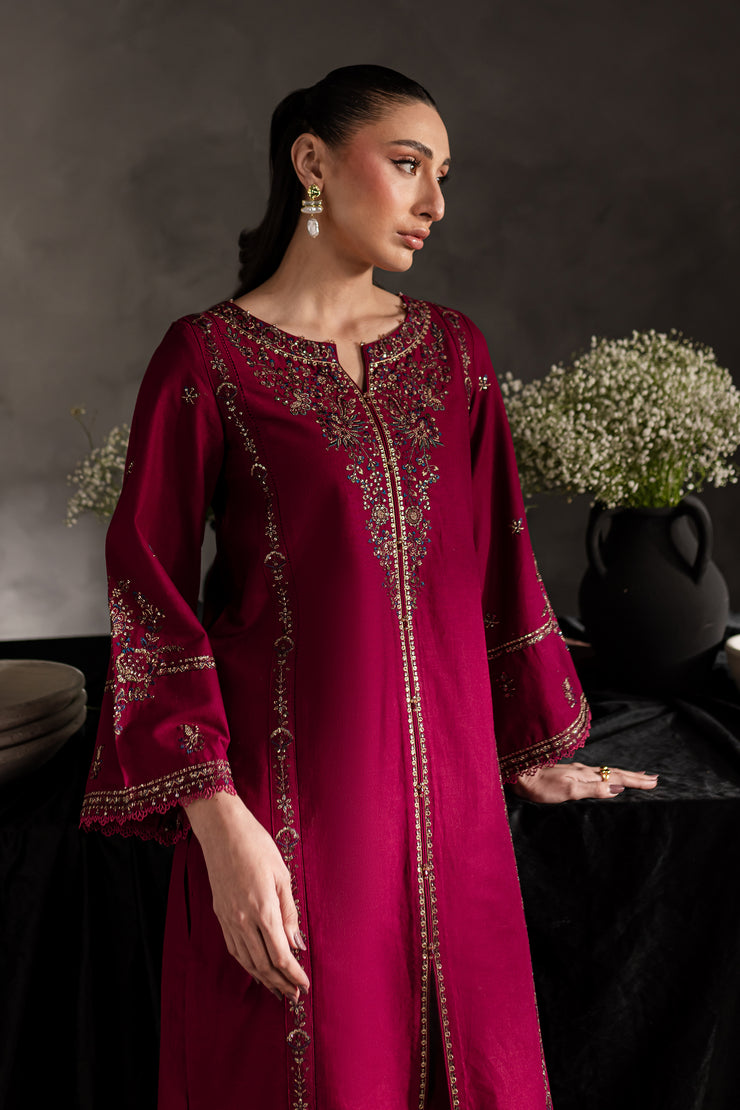 Maroon Rosewood 2Pc - Embroidered Khaddar dress