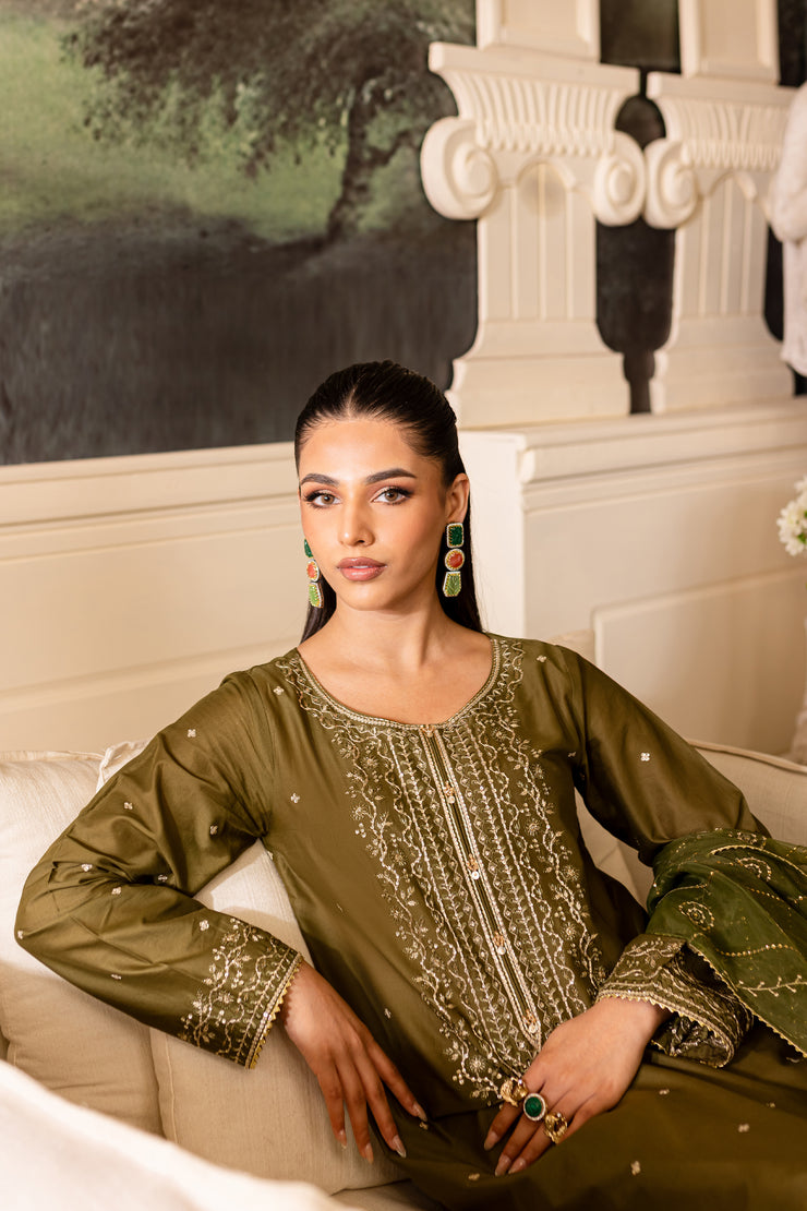 Green Gold 3Pc - Embroidered Lawn Dress