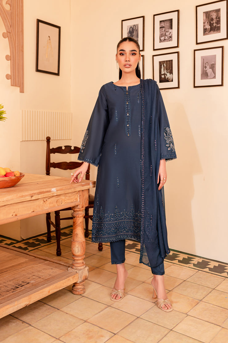 Blue Gold 3Pc - Embroidered Lawn Dress