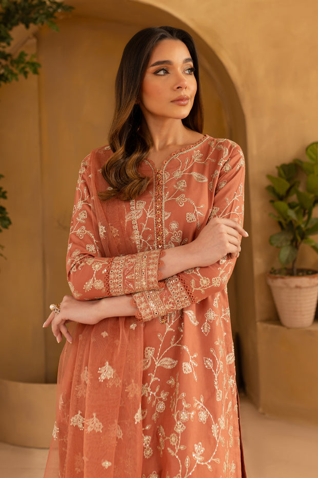 Peach Glam 3Pc - Embroidered Khaddar Dress