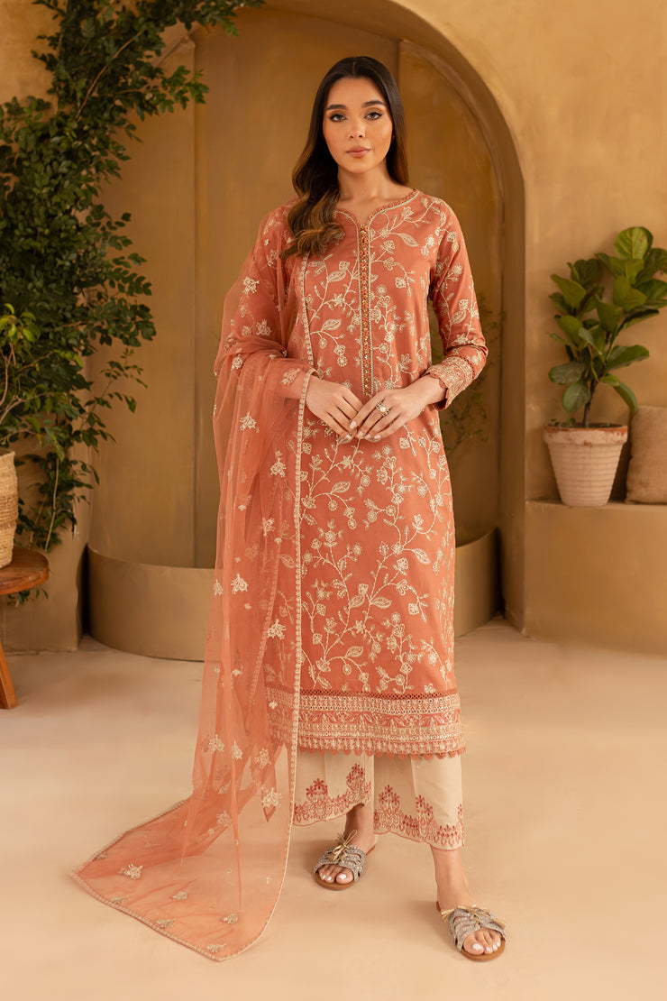 Peach Glam 3Pc - Embroidered Khaddar Dress