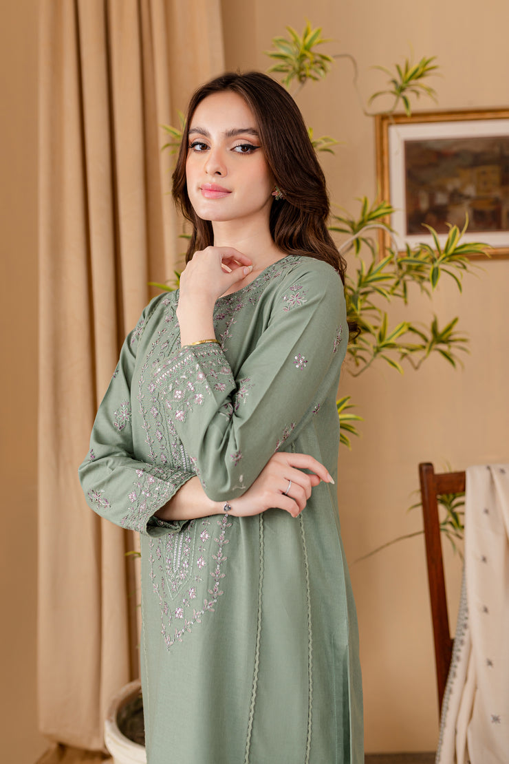 Tea Green 3Pc - Embroidered Khaddar Dress