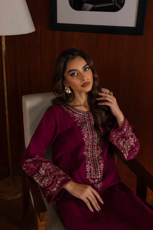 Maroon Garth 2Pc - Embroidered Khaddar Dress