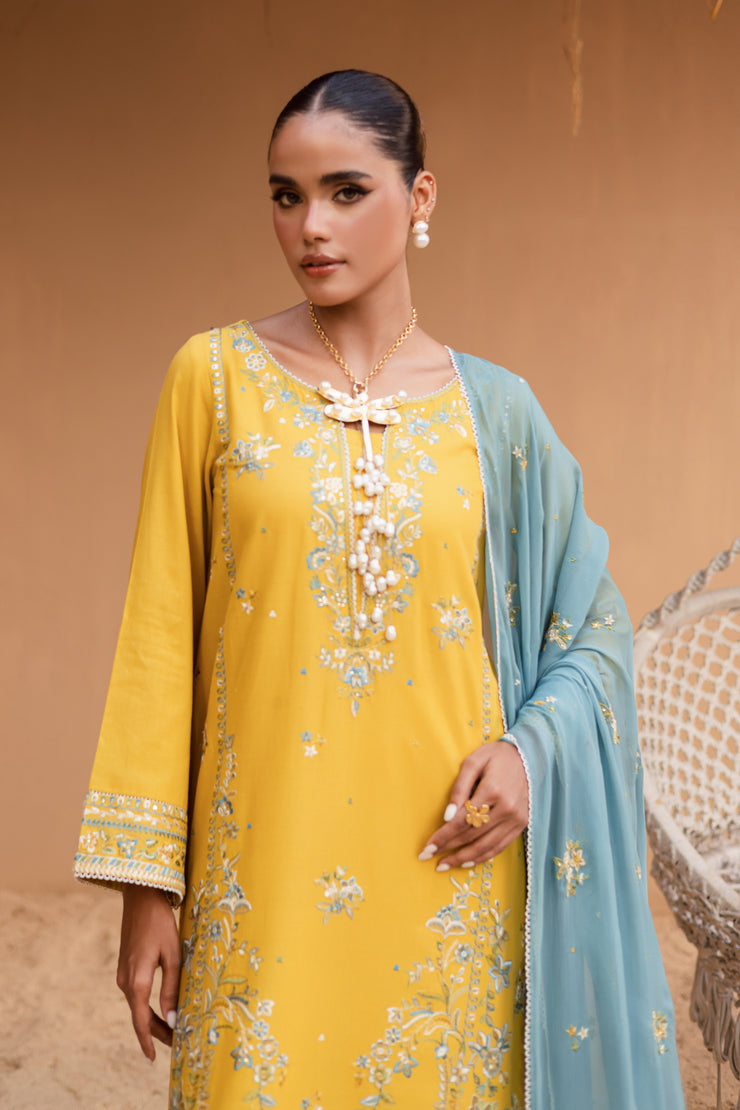 Yellow Castor 3Pc - Embroidered Khaddar Dress