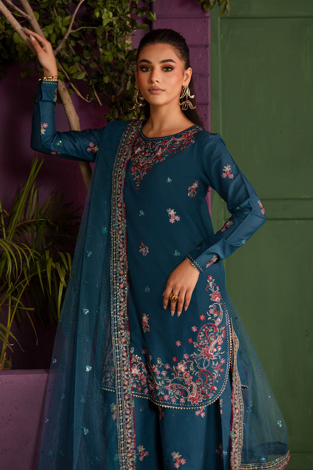 Eshmaal 3Pc - Embroidered Solid Dress
