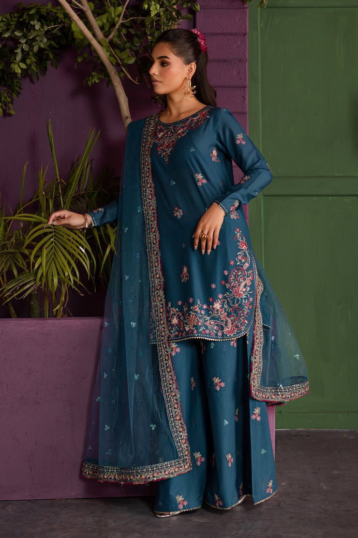 Eshmaal 3Pc - Embroidered Solid Dress