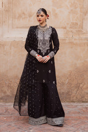 Three piece Arbish ensemble with embroidered shirt, raw silk sharara, and organza dupatta. Festive luxury Pakistani South Asian.