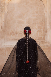 Black embroidered raw silk set with organza dupatta reflecting timeless sophistication. Festive luxury Pakistani South Asian